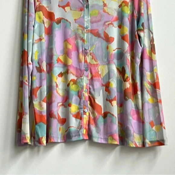 LOGO Layers Lori Goldstein Watercolor Printed Mesh Cardigan Aqua pastel tie dye - Picture 5 of 12